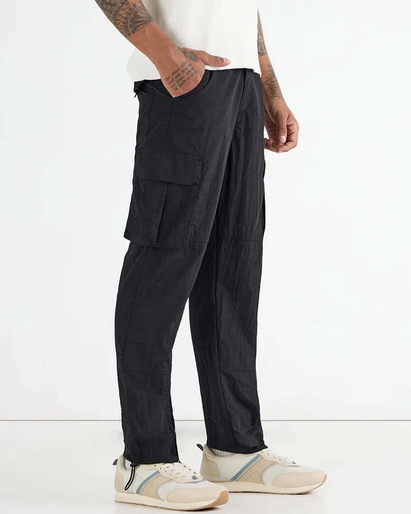 بيواكوف Men's Jet Black Nylon Cargo Parachute Pants